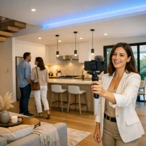 Photo of woman recording content.